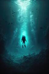 Fototapeta na wymiar person scuba diving deep underwater. generative ai