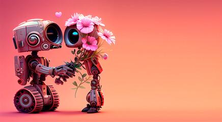 Cute loving robots, with empty space. Valentine's Day Illustration created by Generative AI technology