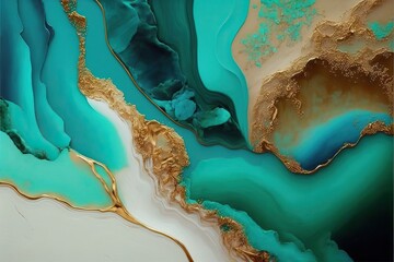 4K resolution or higher, plain turquoise white gold smooth marble background. Generative AI Technology