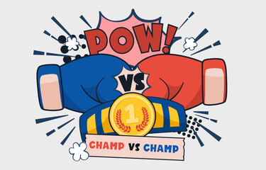 Champ vs champ boxing vector illustration, Cartoon red and blue boxing glove icon, front and back. Isolated vector illustration. - obrazy, fototapety, plakaty