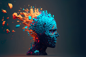 Beautiful Colorful Exploding Face Silhouette. Mindset on Ceativity and Positive Energy in your Head. Digital Art Illustration.