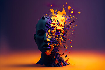 Beautiful Colorful Exploding Face Silhouette. Mindset on Ceativity and Positive Energy in your Head. Digital Art Illustration.