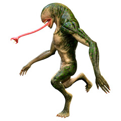 3D Rendering Green Alien on White