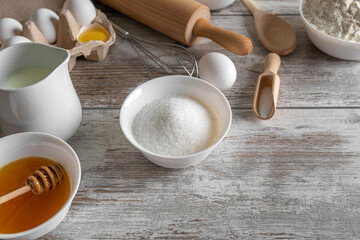 Products for baking on the kitchen table. There is space for text.