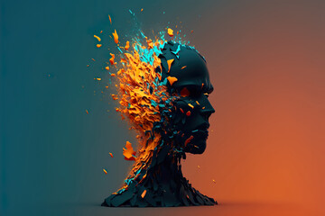 Beautiful Colorful Exploding Face Silhouette. Mindset on Ceativity and Positive Energy in your Head. Digital Art Illustration.
