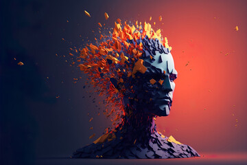 Beautiful Colorful Exploding Face Silhouette. Mindset on Ceativity and Positive Energy in your Head. Digital Art Illustration.