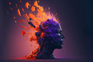 Beautiful Colorful Exploding Face Silhouette. Mindset on Ceativity and Positive Energy in your Head. Digital Art Illustration.