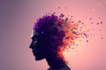 Beautiful Colorful Exploding Face Silhouette. Mindset on Ceativity and Positive Energy in your Head. Digital Art Illustration.