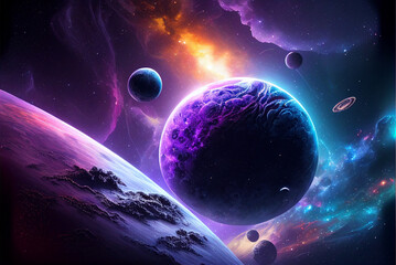 galaxy landscape with stars, purple fantasy planets in cosmos