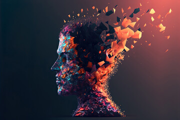 Beautiful Colorful Exploding Face Silhouette. Mindset on Ceativity and Positive Energy in your Head. Digital Art Illustration.