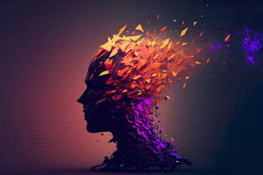 Beautiful Colorful Exploding Face Silhouette. Mindset on Ceativity and Positive Energy in your Head. Digital Art Illustration.