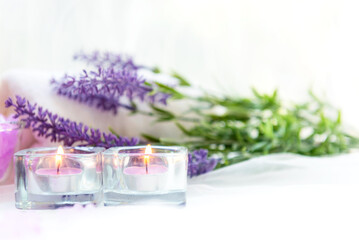 Spa beauty massage health wellness background. Spa Thai therapy treatment aromatherapy for body woman with lavender flower nature candle for relax and summer time
