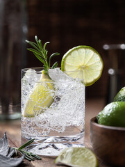 Gin and tonic cocktail with lime. rosemary and ice - 564629817