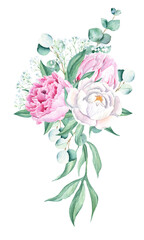 Watercolor bouquet, white and pink peony, eucalyptus and gypsophila branches. Hand painted illustration isolated on white background. Can be used for greeting cards, wedding invitations, save the date