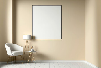 Creamy Beige Minimal Interior Clean Wall with White Poster. Generative AI