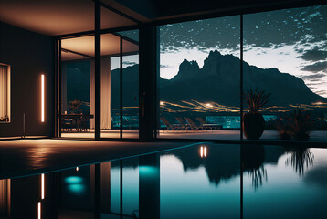 luxurious swimming pool in a spa hotel with large windows and a beautiful view at night
