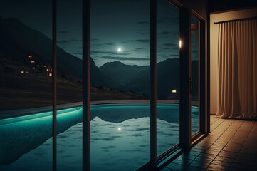 luxurious swimming pool in a spa hotel with large windows and a beautiful view at night