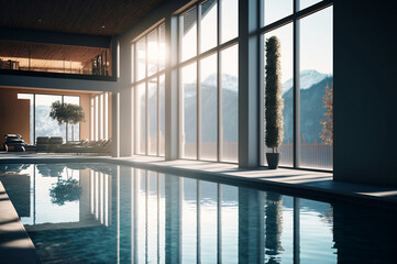 Fototapeta premium luxurious swimming pool in a spa hotel with large windows and a beautiful view