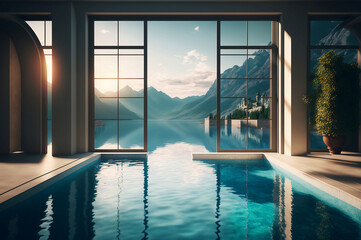 luxurious swimming pool in a spa hotel with large windows and a beautiful view