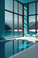 luxurious swimming pool in a spa hotel with large windows and a beautiful view