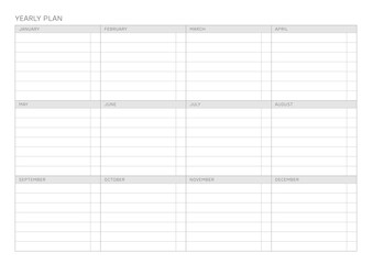 A year goal plan template with a simple and minimal style. Note, scheduler, diary, calendar planner document template illustration.