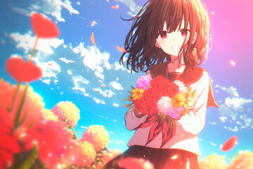 Fototapeta na wymiar Beautiful anime girl holding flowers. AI 