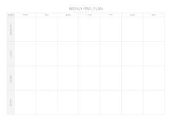 A weekly meal plan design template in a modern, simple, and minimalist style. Note, scheduler, diary, calendar, planner document template illustration.