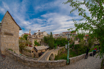 View of the Crooked Bridge (Kriva Cuprija) one of the oldest bridges in Mostar built in 1558.