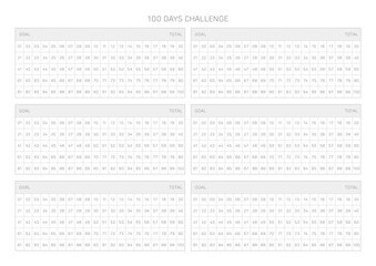 100 Day Challenge design template in a modern, simple, and minimalist style. Note, scheduler, diary, calendar, planner document template illustration.