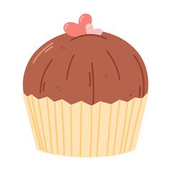 Chocolate cupcake or muffin decorated with hearts. Vector isolated cartoon illustration of dessert.