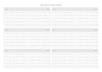100 Day Challenge design template in a modern, simple, and minimalist style. Note, scheduler, diary, calendar, planner document template illustration.
