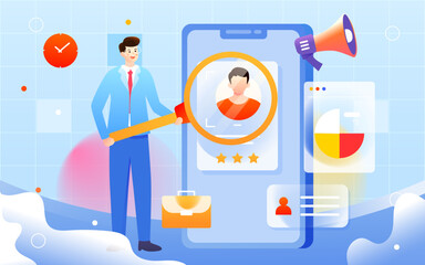 Recruiters of the company are looking for employees, against the background of various data and indicators, vector illustration