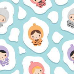cute girl and boy character, kawaii cartoon dawn, seamless pattern for nursery, bedroom, vector illustration background