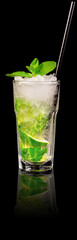 Fresh cocktail with gin and lime on black background