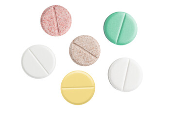 Multicolored pills and tablets isolated on transparent background, top view, healthcare and...