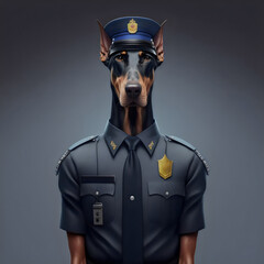 doberman dog in uniform dressed as police officer or security guard, generative ai
