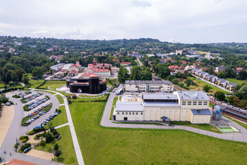 Wieliczka, Lesser Poland. Salt mine, graduation tower, railway station and other popular buildings and architecture on a sunny day in Wieliczka.