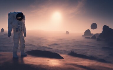 Astronaut on the beach at sunrise on space