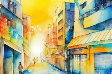Watercolour of urban vintage city in rough style. Peaceful art illustration background. Generative AI.
