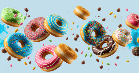 Group of confectionary donuts in the air - obrazy, fototapety, plakaty