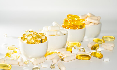 Vitamin D, omega 3, omega 6, Food supplement oil filled fish oil, vitamin A, vitamin E, flaxseed...