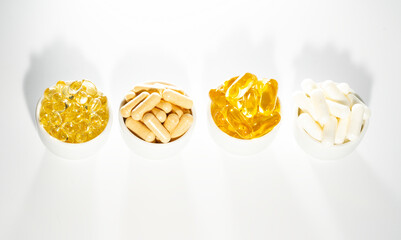 Food supplement oil filled fish oil, vitamin D, omega 3, omega 6, vitamin A, vitamin E, flaxseed...
