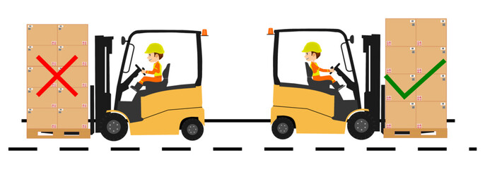 Forklift safety driving reverse when loading boxes, vector illustration - obrazy, fototapety, plakaty