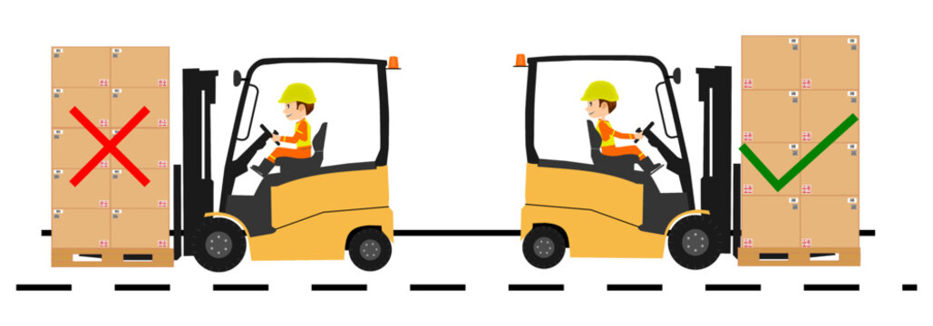 Forklift safety driving reverse when loading boxes, vector illustration