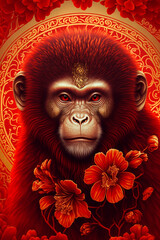 Chinese zodiac red monkey head and red flower design