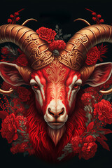 Chinese zodiac red goat head and red flower design