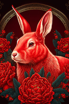 Chinese zodiac red rabbite head and red flower design