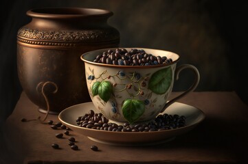 Obraz na płótnie Canvas Steaming cup of hot coffee, Hot cup Coffee and a coffee beans design illustration 