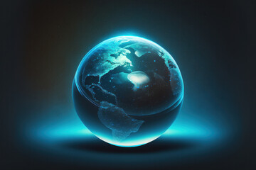 Glowing crystal globe/earth floating in space, stars in the background, blue/turquoise color scheme, low contrast, created with Generative AI technology