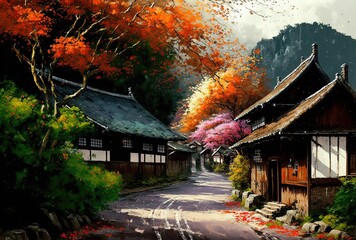 painting style illustration of a vintage old Japanese town with beautiful nature in spring time when cherry tree blossoming  Generative Ai